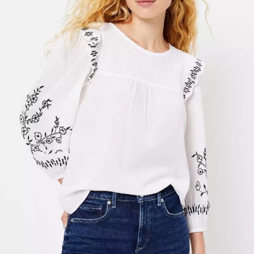 LOFT White Smocked Embroidered Blouse size MP
